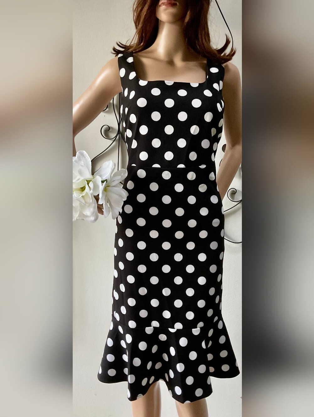 Karl Lagerfeld Black & White Polka Dot Square-Neck Midi Dress